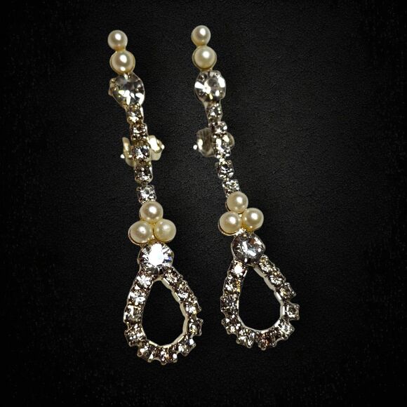 Vintage Pearl & Rhinestone Clip-On Dangle Earrings Sparkly Long Statement - Picture 2 of 6